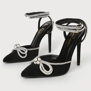 Lullie Black Suede Rhinestone Ankle Strap Pointed-Toe Pumps